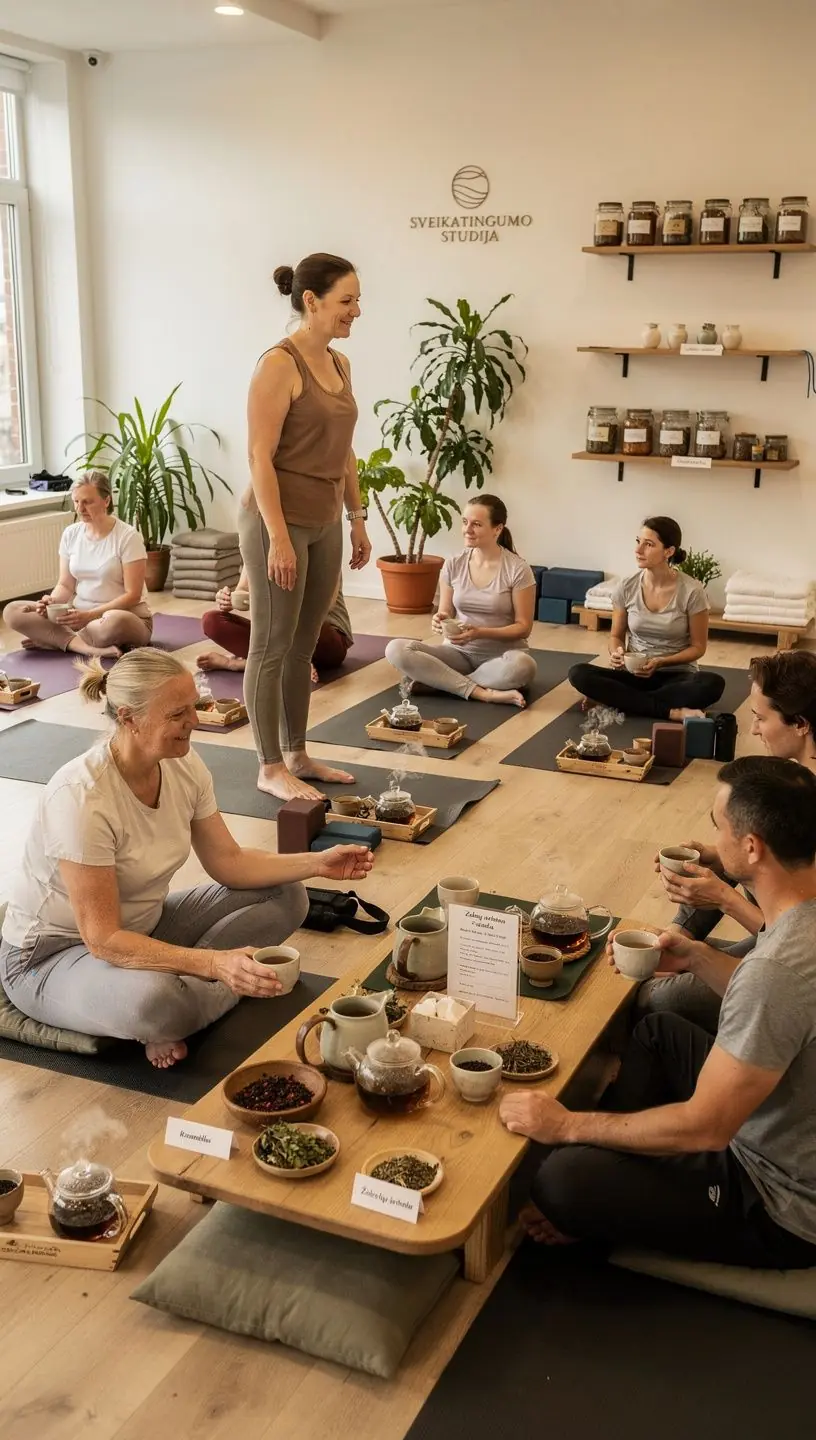 Arbatos puodelis su žolelių mišiniais ant medinio stalo, šalia natūralių žolelių ir sveikos gyvensenos žurnalų.