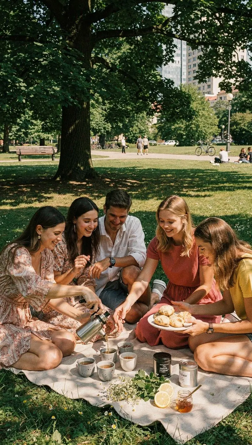 Žmogaus ranka pilanti karštą žolelių arbatą į stiklinį puodelį, vaizduojant sveikos kasdienės rutinos elementą.